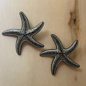 Vintage giant figural starfish stud earrings black silver beachy boho 3" texture